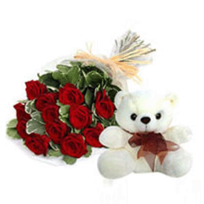 Send 12 red roses and cute teddy to Mysore