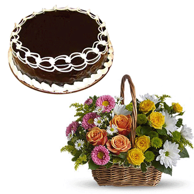 Basket of Flowers with Cake to belgaum with midnight