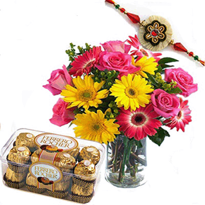 send rakhi with mixed flowers in vase to belgaum
