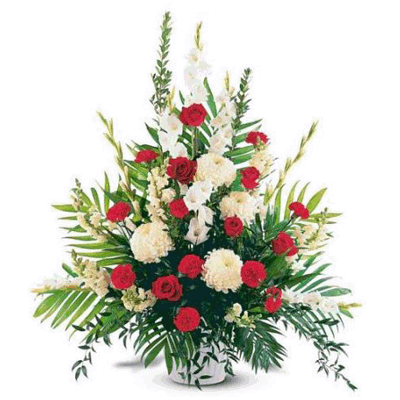 send 10 white gladiolli and red roses basket to hubli