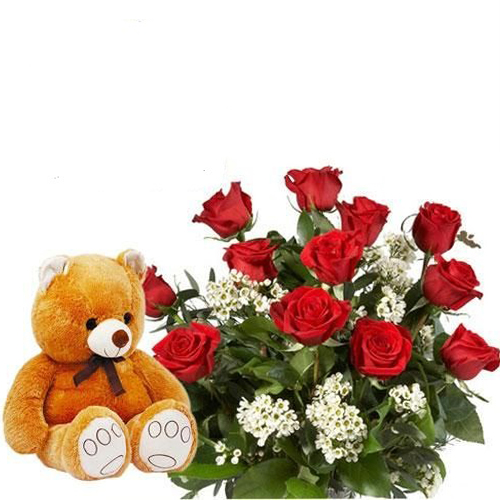 exotic roses in a basket with teddy to belgaum
