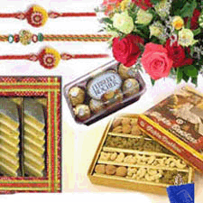 send fererro rocher, kaju katli, mixed flowers and dryfruits with rakhi to belgaum